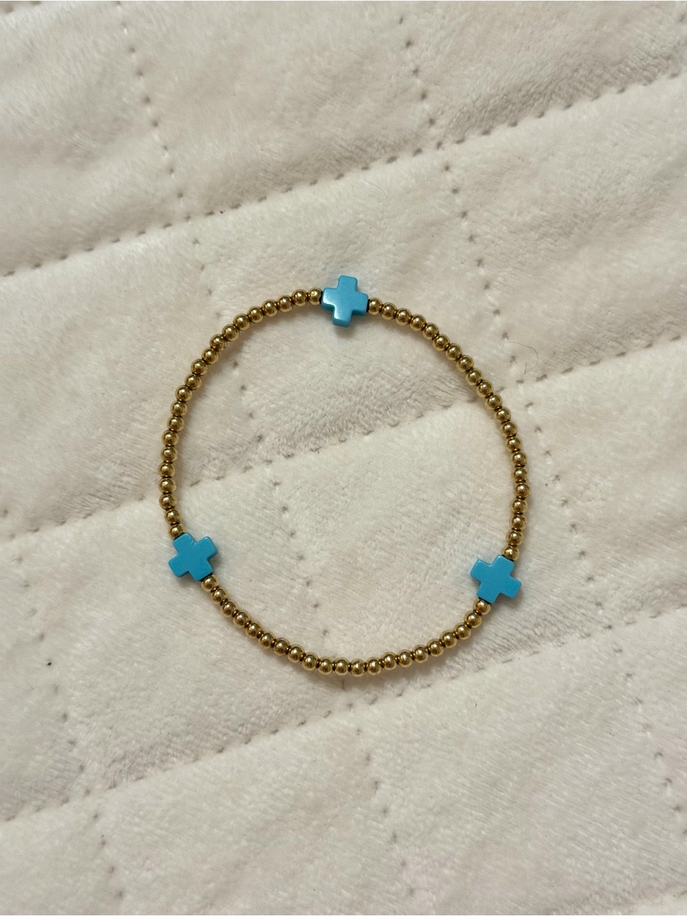 Gold Beaded Bracelet with Blue Cross Accents